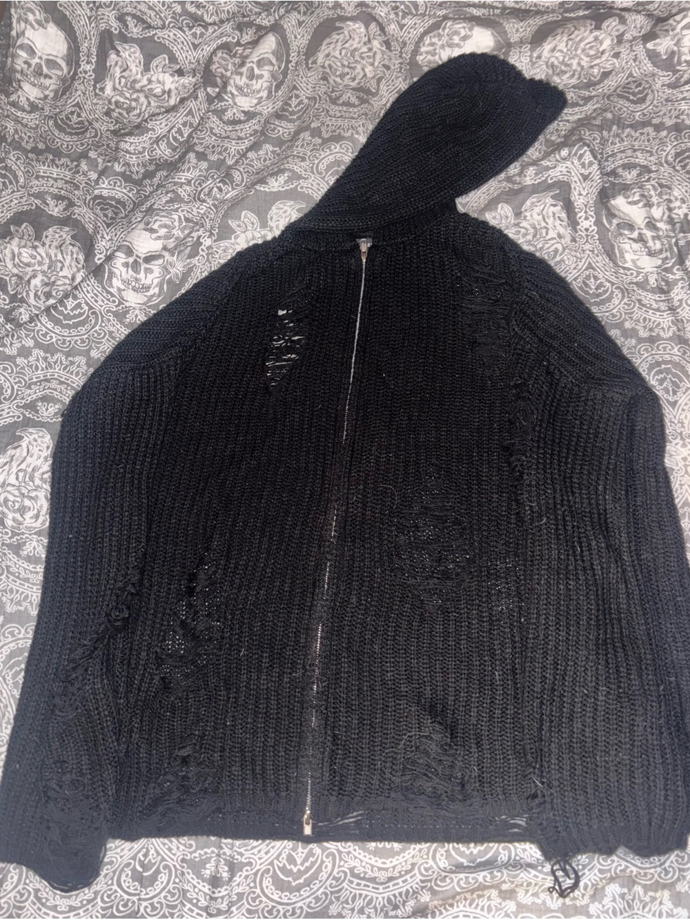 Hot Topic Black Distressed Knit Hoodie Cardigan